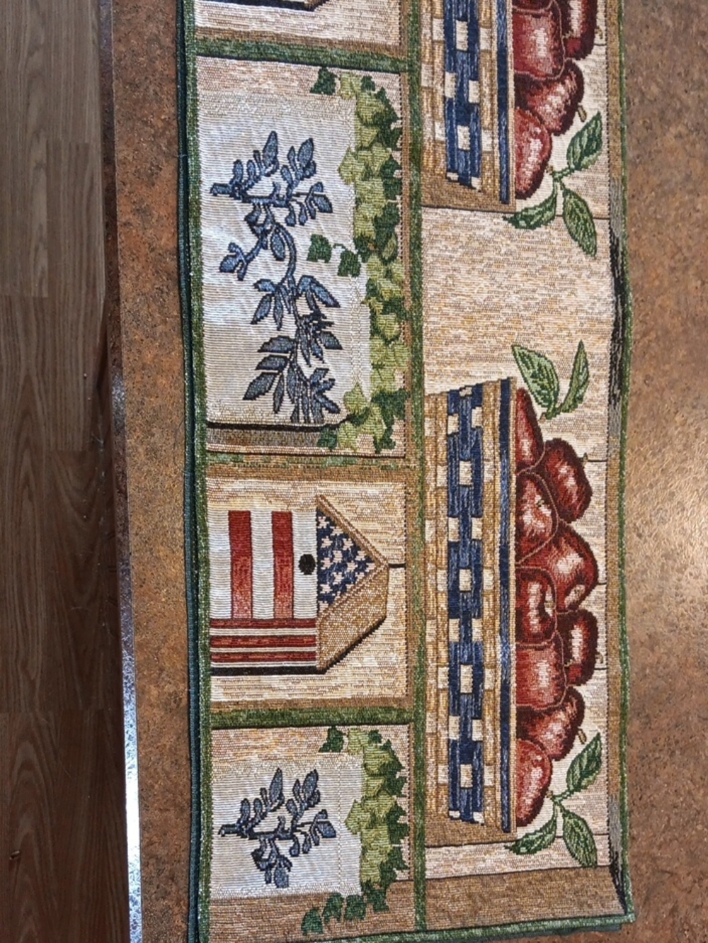 Americana Tapestry Table Runner W Apples, Baskets, Birdhouses  70"L X 12 1/2" W
